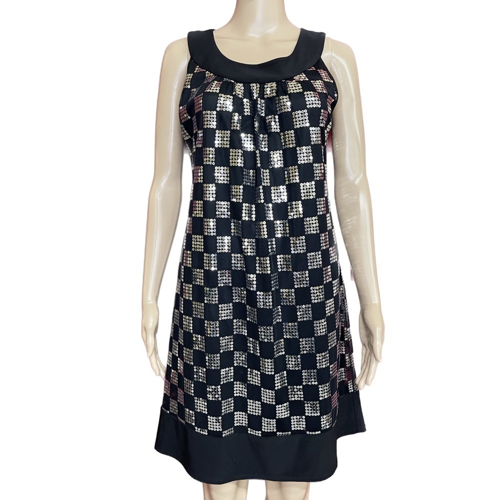 Retro Mod Silver and Black Checkerboard Shift Midi Dress Size 8